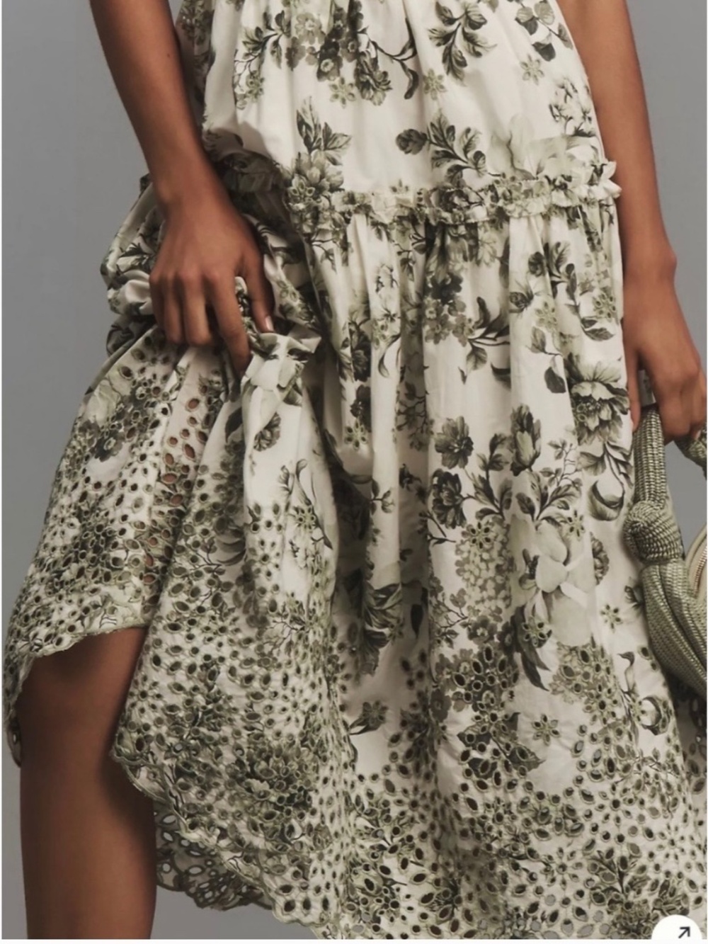 Anthropologie sweetheart neck green and cream floral ruffled midi dress - Picture 4 of 15